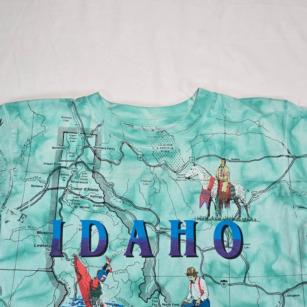 Vintage 1993 Sneaky Tees Idaho State Map All Over Print Tie Dye T-Shirt Mens M - Picture 10 of 16